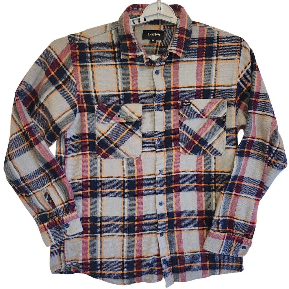 Brixton Bowery Flannel Shirt Mens Medium Orange Navy Blue Grey Plaid Button Up